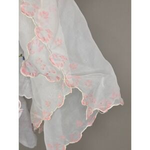 Vintage Sheer White Scalloped Handkerchief with Pink Floral Embroidery